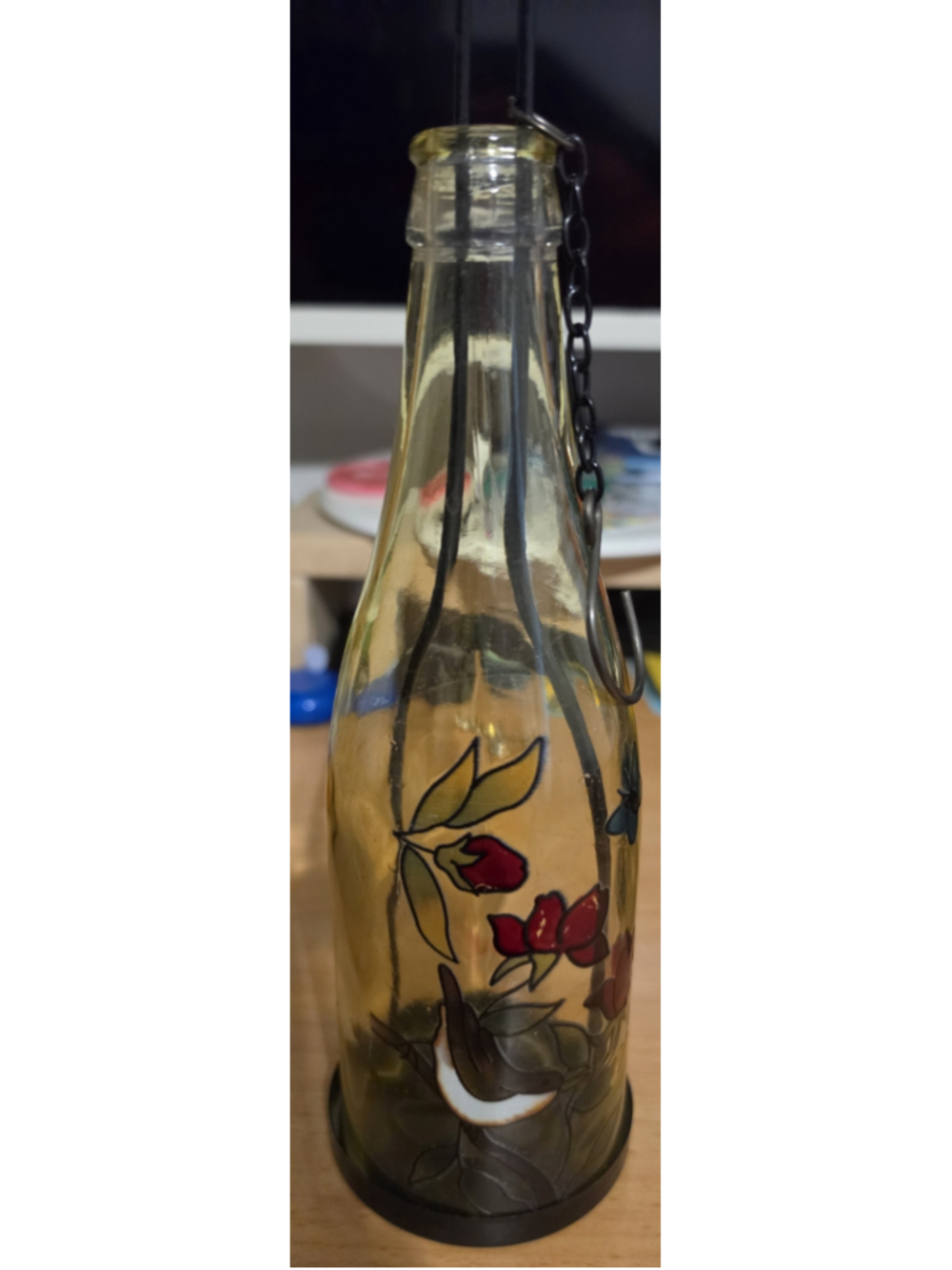 Hand Painted Glass Bottle Hanging Lantern Floral Votive Candle Holder